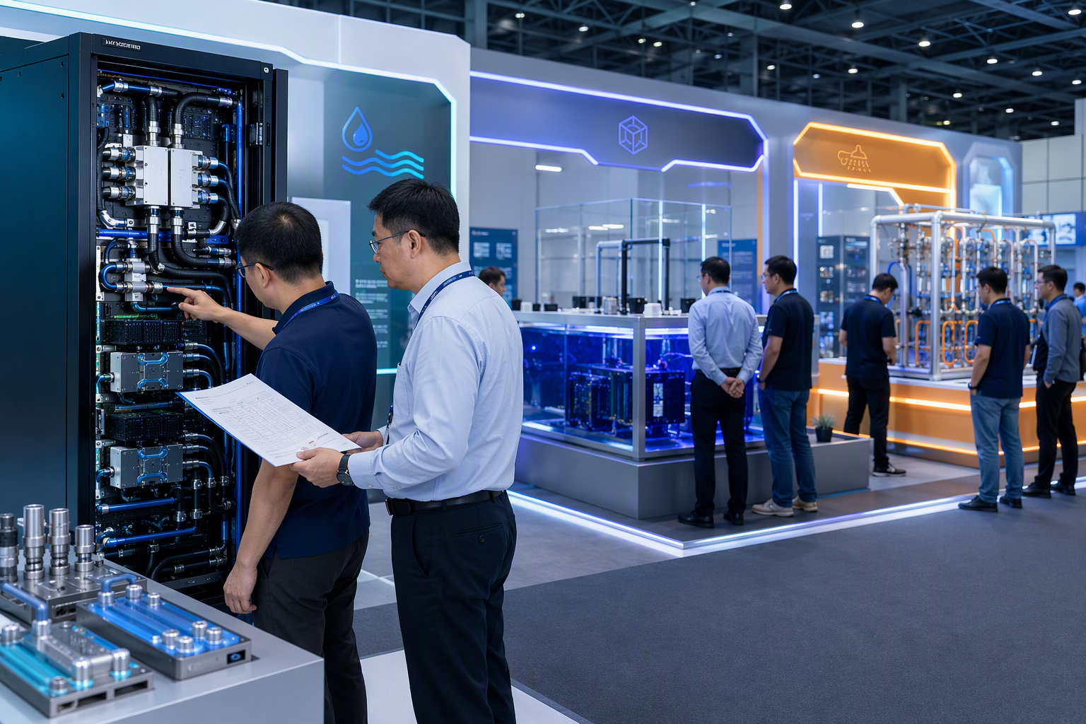 该图为选型框架示意图:左侧为三阶上升的台阶图形,由低到高代表30kW、60kW、100kW以上三个机柜密度档位;右侧并排三列,分别以金属冷板贴合芯片、整机浸入透明密封罐、顶部喷淋装置图标代表冷板式、浸没式、喷淋式三条技术路线;台阶与路线之间以语义色块和箭头建立对应关系,并以三行小图标横向表达成本投入、PUE水平、机房改造友好度、运维专业要求四个维度的相对高低,成本与人形图标并排计数、PUE用竖向比例条、改造友好度用扳手与厂房图标、运维要求用人员等级图标,全程统一配色。构图自上而下导向明确:先定自身密度档位,再对号入座选路线。蓝青冷色为主、橙色点缀关键档位,干净信息图表风格,帮助展商理解文章递出的选型逻辑,确认自家解决方案对应哪类采购需求、现场应向哪些档位客户展示。仅呈现文章已给出的对比思路,不新增任何数值结论。