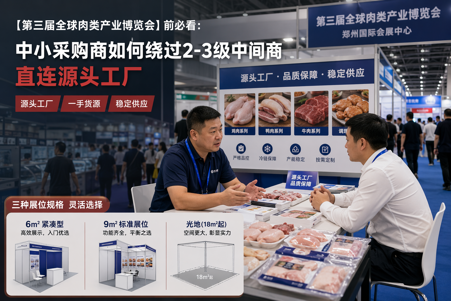 信息图，中央辐射式结构：画面中心为一个醒目的工厂展位，展台上陈列冷冻肉禽与调理肉品样品；从展位向三个方向发出三条清晰等距的连接线，分别连向三个渠道节点图标——连锁餐饮门店、团餐分餐口与区域经销商仓库，强调‘一次参展同时触达连锁、团餐与经销商’；展位下方以三个并排的小图标（新品样品、报价单与品控检验）示意参展前可验证的三件事——新品接受度、报价竞争力、产能与品控稳定性；构图以中央展位为焦点、三条连接线为视觉主轴，准扁平风格，深红主色配合米白与暖灰；不使用任何文字、数字、品牌标识或展厅实景，也不渲染具体洽谈结果。