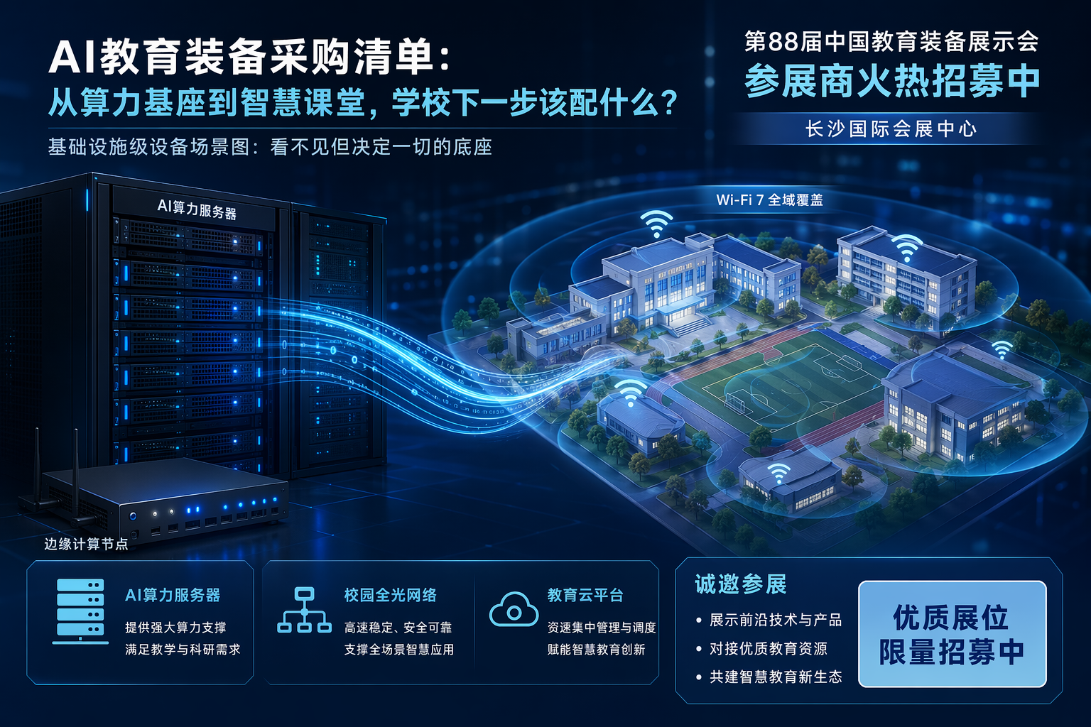横向三分程的验证流程图：一台智慧课堂大屏设备沿箭头从左向右依次通过三道闸口式关卡。第一关以书本式课件图标与放大镜图标表示“用本校真实课件跑一遍”；第二关以断开的Wi-Fi信号与云朵中的斜线图标表示“模拟离线与弱网环境”；第三关以实物展台、手写板、U盘等外设轮廓图标表示“接上日常外设”。每道关卡为一个半透明的门框形图标，通过后点亮绿色对勾，三道关卡全部通过后汇入一个圆形完成标记。三关之间以短箭头连接，形成明确的流程顺序。整体为浅色背景下的扁平图标风格，空间分区清晰、留白充足，无任何可读文字。传递信息：采购决策前先用三道现场验证过滤设备，参展企业可据此准备能开机演示、能现场跑课件的展位动线。
