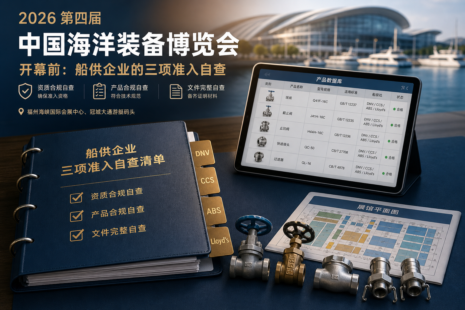 现代大型远洋货轮从深蓝海面驶向右侧的福州海峡国际会展中心流线型展馆群与港区天际线，前景左侧叠加一枚圆形占比示意图，其中约四成的扇区以青绿色高亮，其余为深蓝灰，发光连线将该绿色扇区与展馆相连，形成市场采购主线通向展会对接窗口的阅读顺序。深海洋蓝为主调，青绿色作动力高光，比例约16:9大横构图，展馆与货轮为视觉焦点，占比扇区置于左下弱化区以信息图方式呈现。画面不出现任何可读文字、数字标签或logo。这张封面传达的核心主张是：替代燃料带来的绿色动力与配套采购主线正在成形，海装展就是配套企业进入这条主线的集中对接现场，帮助潜在展商先确认进场方向。