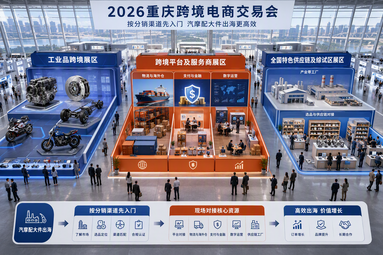 展厅场景与展区示意图结合的半俯视构图,呈现2026重庆跨境电商交易会三大展区。画面上部为开阔的现代化展馆内部,中部依次排布三个以色彩区分的展区:左侧为工业品跨境展区,重点呈现汽车发动机、制动盘、底盘结构与摩托车整车及改装件等展出实物;中间为跨境平台及服务商展区,以物流仓储箱、货轮与海外仓、金融盾牌、数字屏幕等图标区分物流与海外仓、支付金融、数字运营等专区;右侧为全国特色供应链及综试区展区,以产业带工厂与选品货架图标呈现。展区之间以通道连接,清晰展示按分销入门最需要对接的资源在现场的位置,整体为专业会展氛围但不出现具体品牌标识与文字。构图采用自上而下的半俯视鸟瞰,三个展区主次有序,色调延续深蓝与橙红分区。此图回答潜在展商的价值疑问:这个展会现场有哪些展区、我能集中对接哪些分销相关资源。