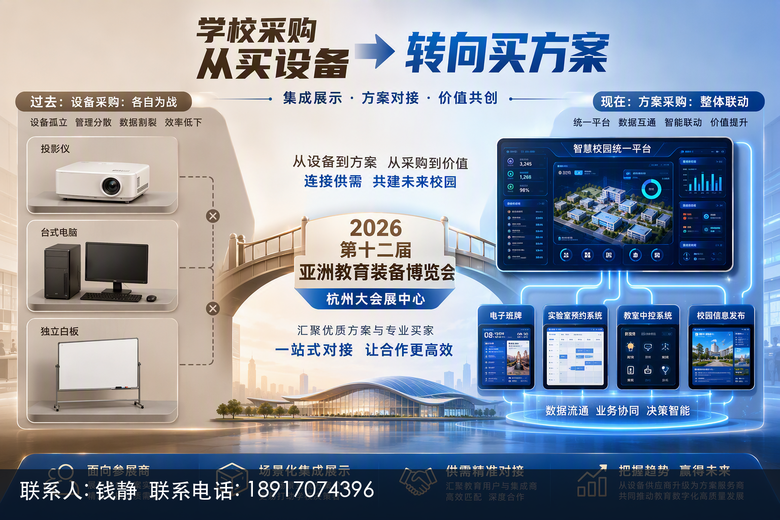 广角俯视的现代智慧教室内部场景，画面呈现明亮开阔的教学空间，中央可见交互式显示大屏、录播摄像头、智能讲台与成排学生桌椅，屏幕上泛着柔和的蓝白色光芒暗示数字化教学软件运行中。背景窗户透进自然光，整体色调以科技蓝、清新白与木色为主，营造专业、可信、面向未来的教育数字化氛围。前景刻意留出无文字的干净区域，用于叠加文章标题。构图强调空间的纵深与设备层次，突出智慧教室建设已进入落地实施阶段，呼应招标采购已真实发生这一核心论点，帮助展商确认自身产品与场景的契合度。无任何文字、标识、二维码或数据标注。