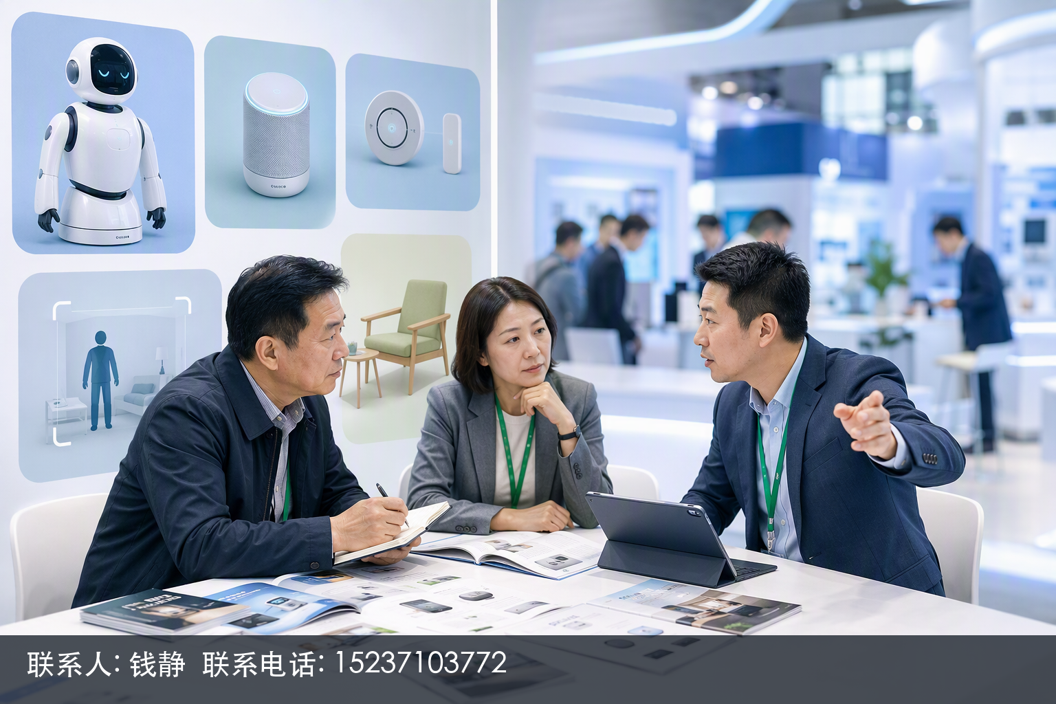 宽幅横幅构图，视觉主体是明亮温馨的现代家庭客厅场景：一位银发老人在沙发旁轻松使用适老化智能设备，家中布置有智能居家监护、全屋安全警报、陪伴机器人等产品剪影，体现居家养老场景而非机构集中管理。前景以清晰大色块呈现“居家养老”占比过半的圆形比例图（约一半以上为暖色高亮），并呼应机构与居家对比的空间切分。整体传达展会“面向居家场景的适老产品最贴合主流采购需求”这一核心价值主张。构图强调横向分区：左侧占比示意、右侧家庭生活场景，层次分明、留白充足，比例约16:9。色调采用暖米白、浅木色与活力珊瑚橙为主，柔和明亮、专业可信，避免装饰性机器人或抽象科技元素，保持事实性克制而不编造规模数字。