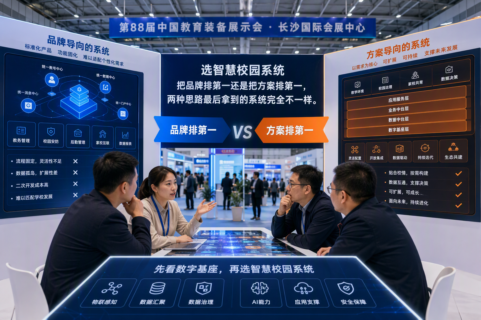 围绕“选智慧校园系统,把品牌排第一还是把方案排第一,两种思路最后拿到的系统完全不一样。”的展会招商决策配图,呈现与该段观点一致的产品、应用或沟通场景