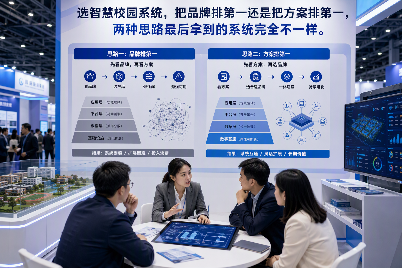 围绕“选智慧校园系统,把品牌排第一还是把方案排第一,两种思路最后拿到的系统完全不一样。”的展会招商决策配图,呈现与该段观点一致的产品、应用或沟通场景