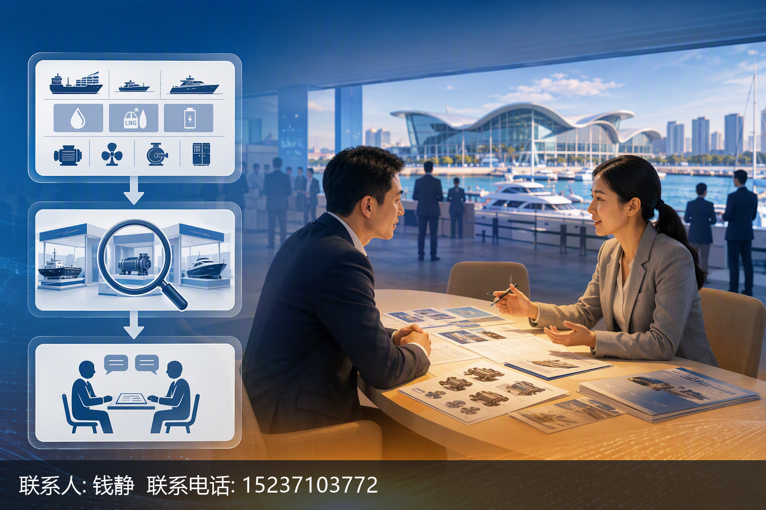 以流程图形式呈现船配供应商展前备料的三个递进步骤:第一步盘点资质缺口,第二步整理业绩档案,第三步提前对接组委会。用三个横向排列的卡片节点,以箭头串联,节点内分别用简约图标表达——证书文件代表船级社认证盘点、船舶装船履历册代表供货业绩、展位布局与对话气泡代表对接组委会。背景为清浅的海蓝渐变,辅以船体轮廓与绿色动力叶片剪影,呼应海洋装备与绿色化主题。构图自左向右单向推进,视觉层级突出第三步‘对接组委会’为终点动作,呼应CTA。画面不出现可读文字、二维码、联系方式或口号,仅用图标、箭头、留白与语义色彩传达准备节奏与转入门槛,帮助供应商明确参展前清晰可执行的三件事,并自然导向向组委会咨询展位与对接的下一步。