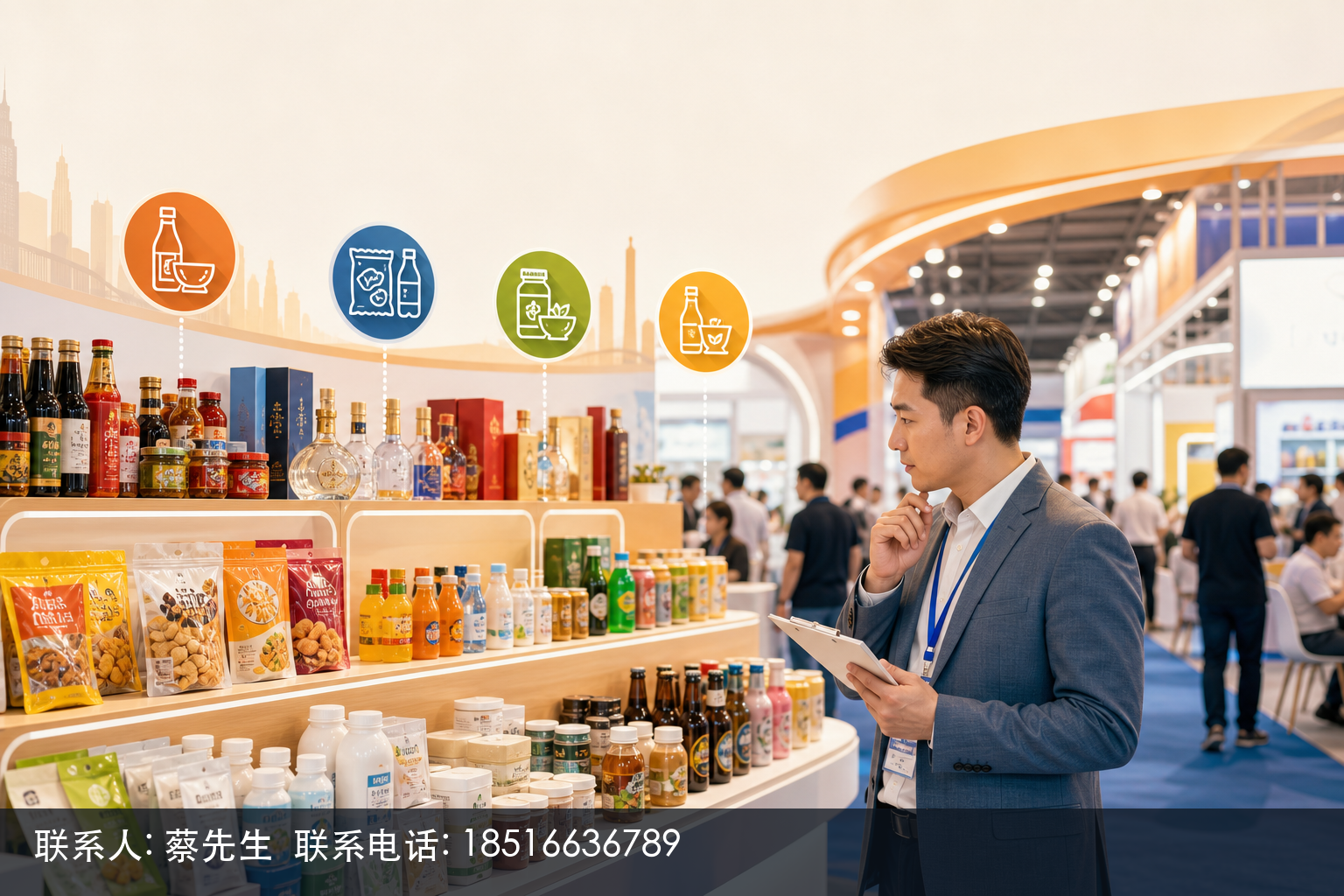 主体:一位饮料经销商决策者站在南京国际博览中心的饮品及乳制品展区入口处,手拿选品笔记,面前是整齐陈列的各品类饮品、咖啡及茶饮、乳制品的展位,背景可见开阔的展馆主通道与其他与会经销商。动作与关系:人物正抬头打量集中、可对比的货盘,表现出从旺季不旺的压货困境转向现场选品、更换打法的状态,画面传达这场展会提供集中的、可对比、可触摸的货盘这一核心价值。构图与强调:横向宽幅构图,人物居左、展区纵深向右铺开形成引导线,前景一瓶主推饮品作为焦点,顶部保留留白用于叠加标题;自然通透的光线突出专业商务感。必须包含:南京糖酒会展馆室内、饮品及乳制品与咖啡茶饮类展台、经销商选品场景。不得包含:具体展商品牌字样、二维码、电话、可读广告语、成交金额或名额紧张提示。