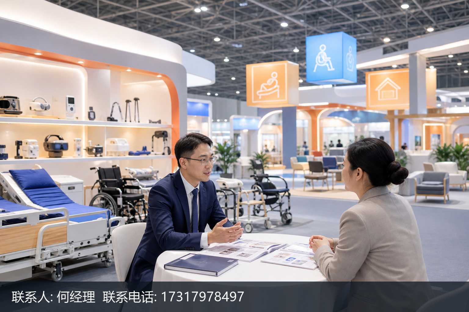 一张专业展会招商主视觉，横版构图。画面以开阔明亮的展馆中庭为背景，设有一片康复辅具专业展区，展台上陈列护理床及床垫、功能轮椅、助视器、康复训练设备、防跌倒产品等产品，质感清晰。前景中，一位厂商代表与一位养老机构采购负责人隔着洽谈桌交谈，桌上放有产品手册与资料，气氛正式而友好。远景可见‘智慧养老’‘适老化改造’等其他展区灯箱方向标识，暗示展区集群与品类齐全。画面层次分明、留白充足，视觉重心落在厂商与采购商的对接洽谈上，传达‘中部专业平台汇聚精准买家’的核心价值，帮助潜在展商判断参展即能触达目标客户。整体色调稳重亲和，无任何可读文字、标语、二维码或联系方式。