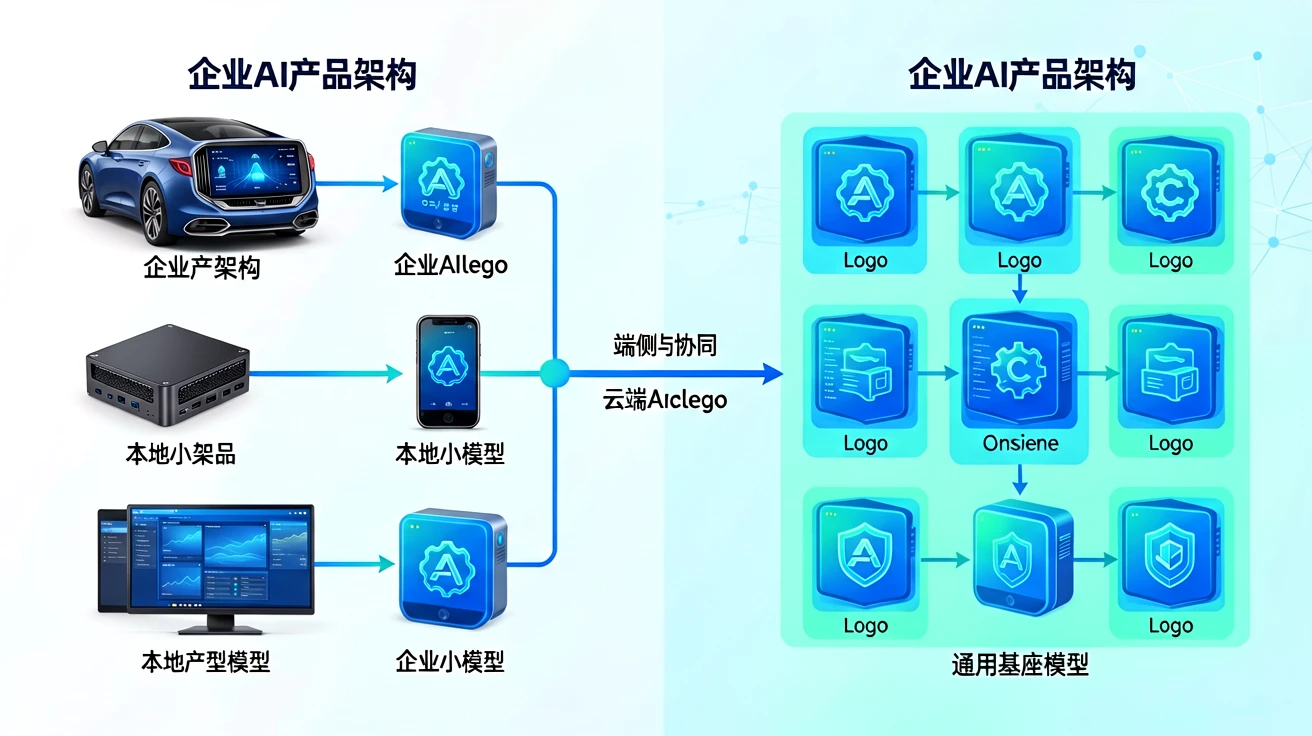 端侧小模型与通用基座模型协同的企业AI架构示意图