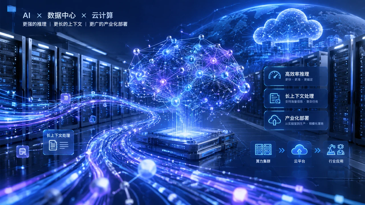 大模型竞争从参数规模转向效率:GLM-5.3-Flash释放了什么产品信号 1 表现大模型高效推理与数据中心部署的科技插画