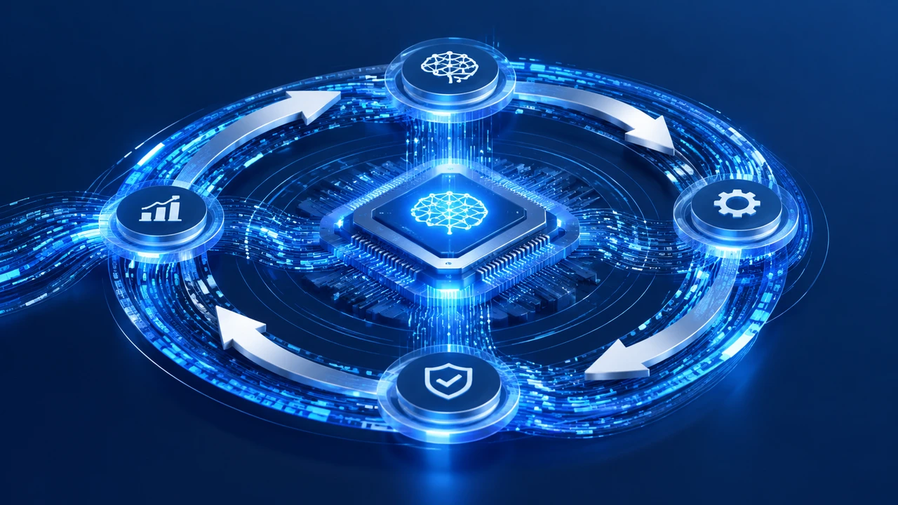 AI递归自我改进与治理机制的抽象示意图