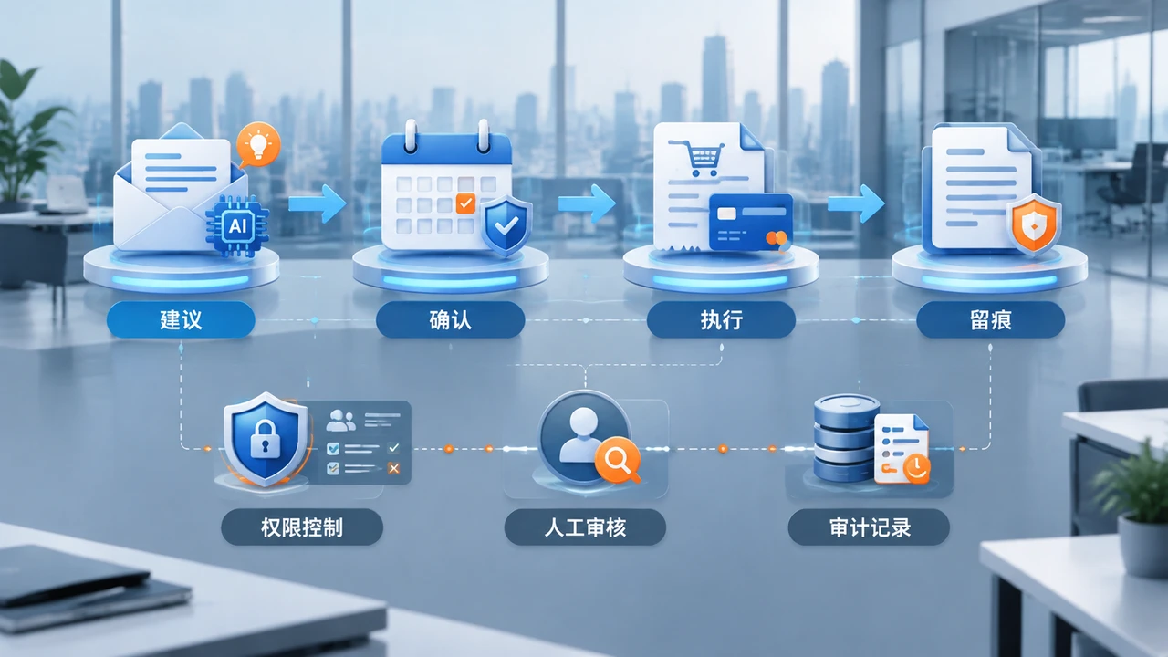 从邮箱代办到结账执行:AI智能体进入高风险流程后谁来承担责任? 1 企业AI智能体在邮箱、日历和结账流程中的责任控制示意图