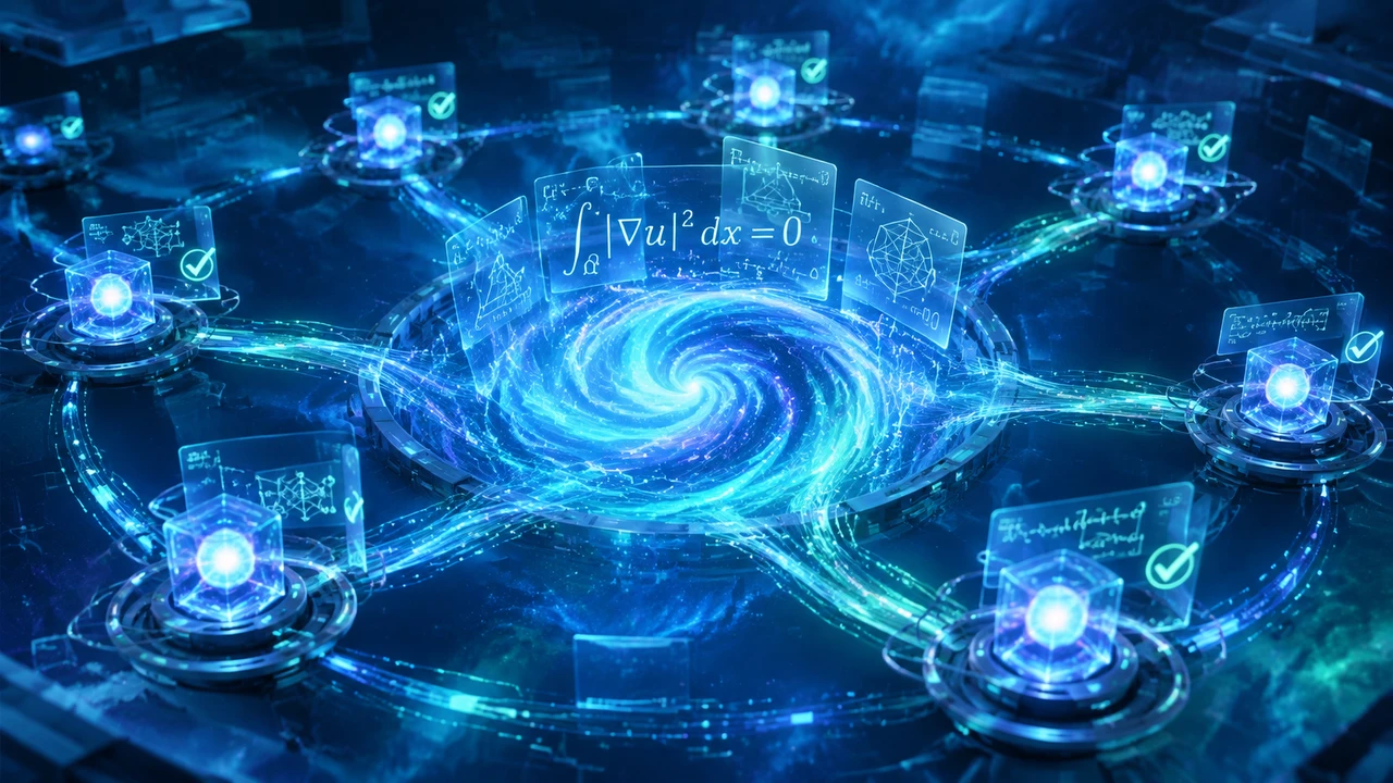 约一万名智能体协作攻克纳维-斯托克斯难题:AI数学突破应如何核验? 1 AI智能体协作核验纳维-斯托克斯问题证明的抽象科学插画