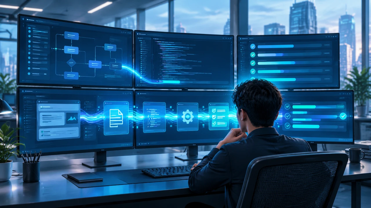 OpenAI 发布新一代 Agent 模型:1M 上下文与 SOTA 级计算机操作能力,企业级智能体进入“实操”时代 1 企业办公场景中智能体跨屏幕连续执行任务的示意图