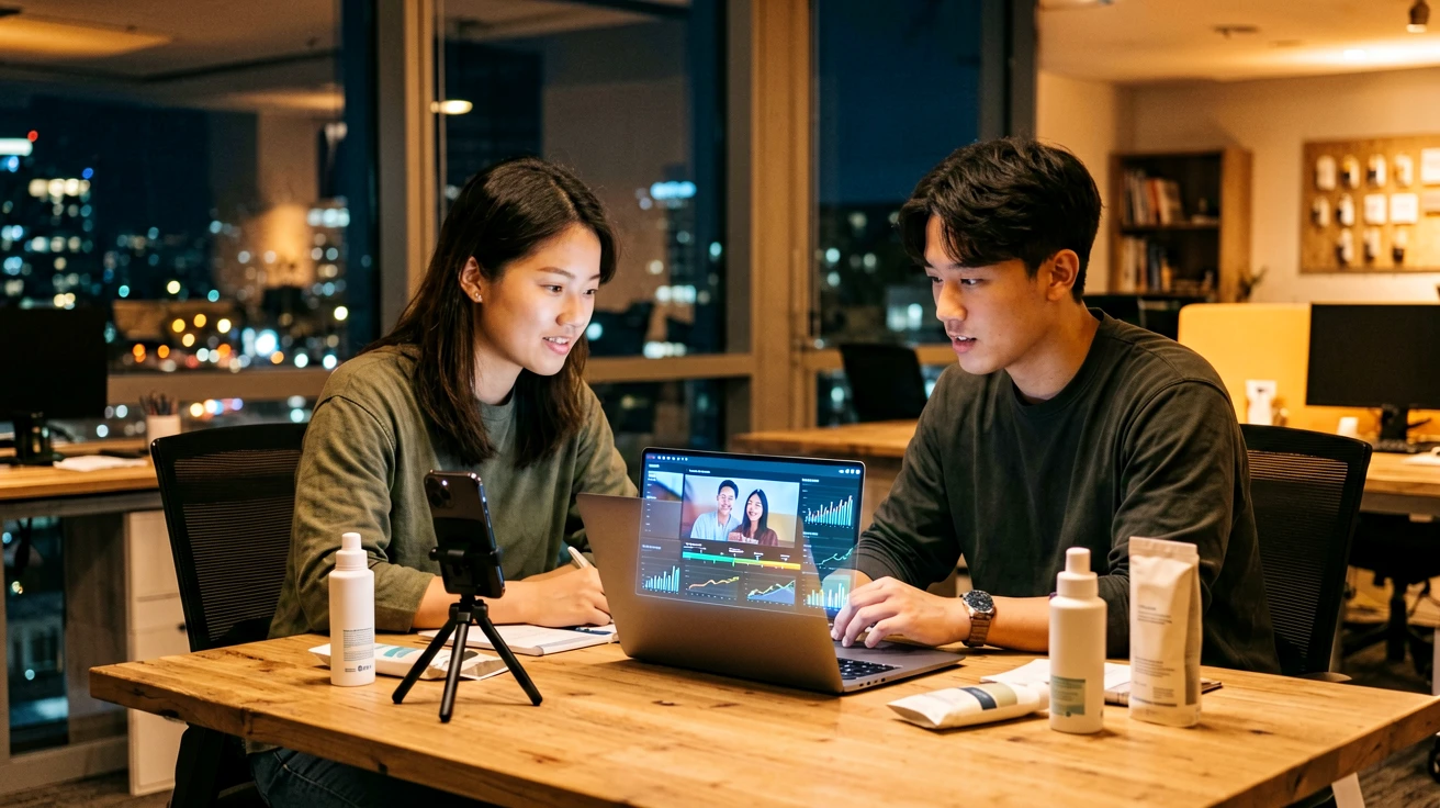 内容运营人员在小办公室内用AI工具制作测评短视频的工作场景