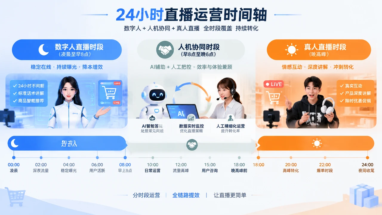 数字人直播不是万能:B2C商家如何用AIGC测算内容生产成本与适用场景? 1 数字人直播与真人直播时段分配示意图