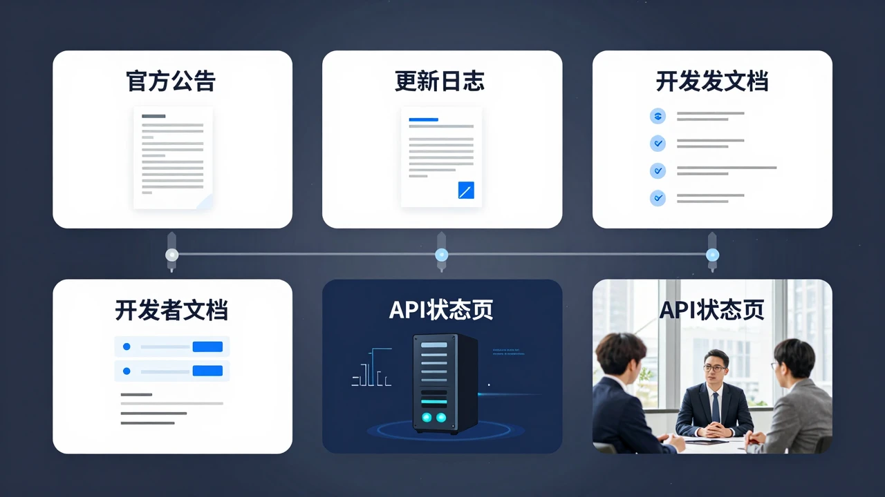 大模型更新消息如何快速核验:从官方公告到API状态的四步核查法 1 大模型更新消息的四步核验流程示意图