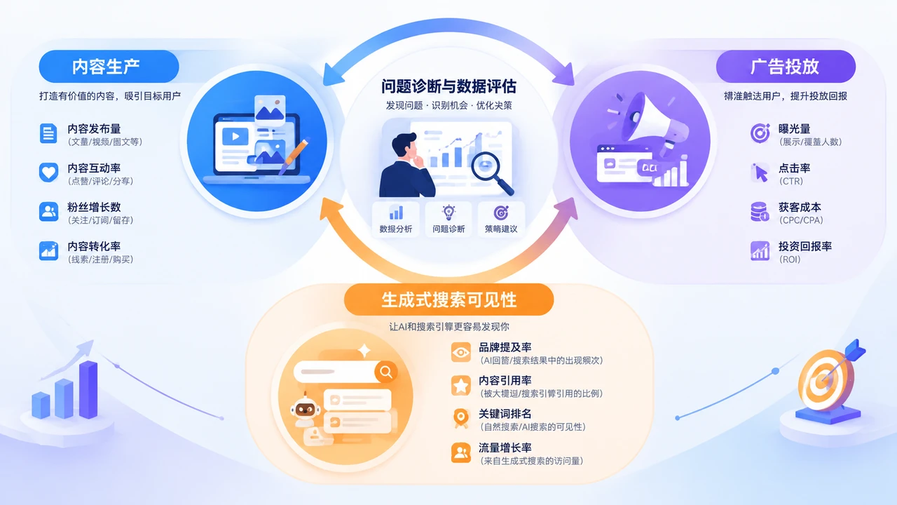 中小企业做AI营销别先买工具:用“三层模型”拆分内容效率、投放增长与GEO可见性 1 AI营销三层模型示意图