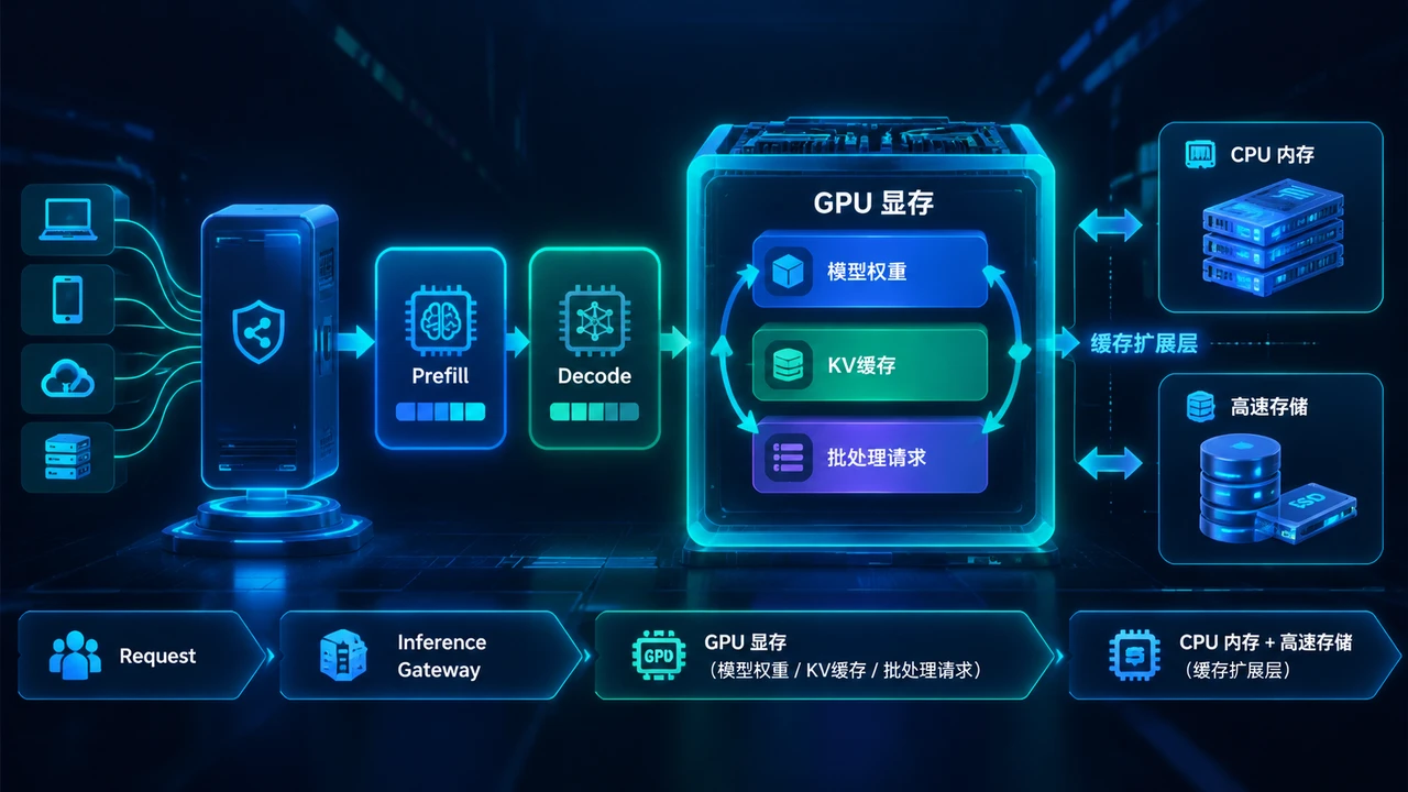 企业部署AI推理服务,如何评估KV缓存、显存占用与响应时延? 1 企业AI推理服务中的KV缓存与显存资源关系示意图
