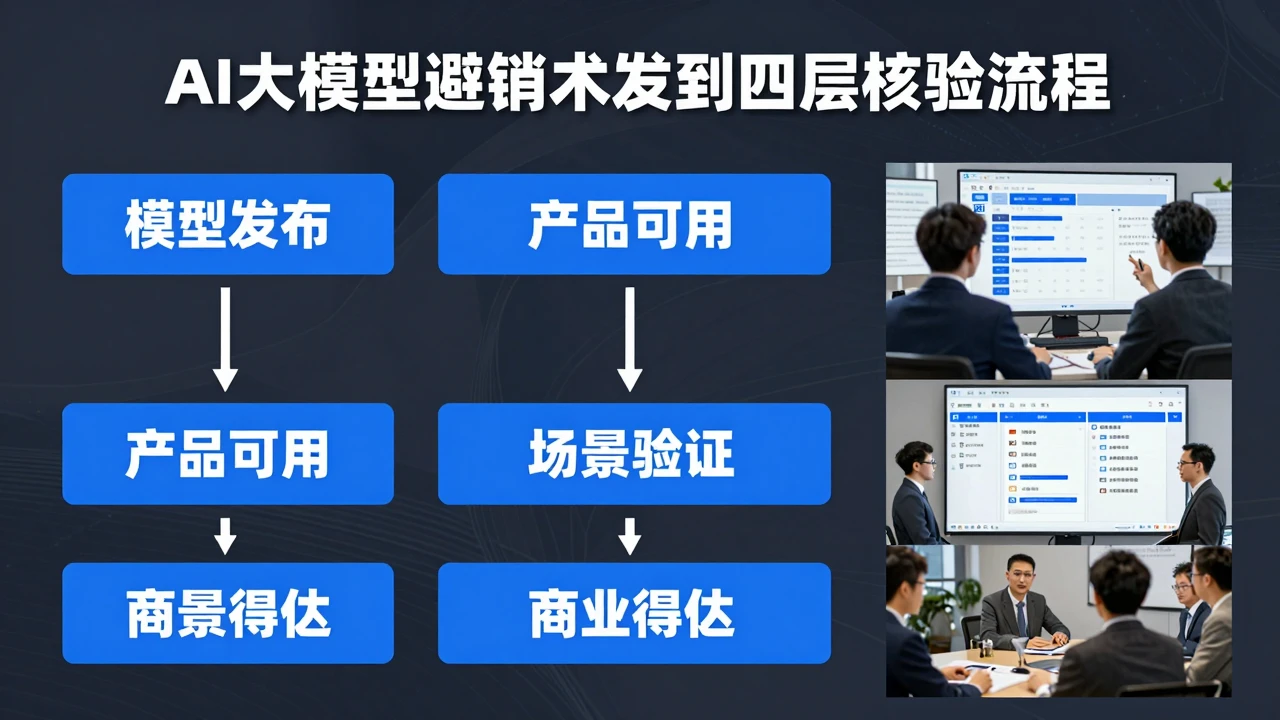 AI大模型从新闻发布到企业落地的四层核验流程图，依次展示模型发布、产品可用、场景验证、商业交付四个层次，企业管理者与技术团队在会议室查看模型接口文档和测试结果，简洁专业的信息图风格，蓝色与深灰色为主，画面不含文字水印和品牌标识
