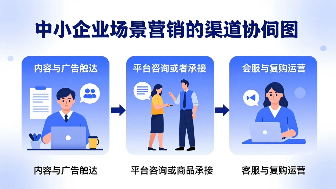 场景触发式营销如何落地:品牌从用户需求识别到渠道转化的执行清单 2 场景营销渠道协同示意图