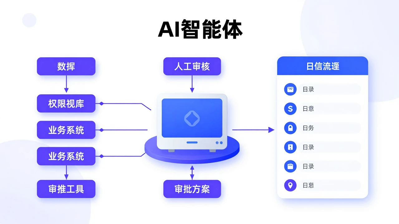 企业AI智能体通过受控权限调用工具并接受人工审核的工作流示意