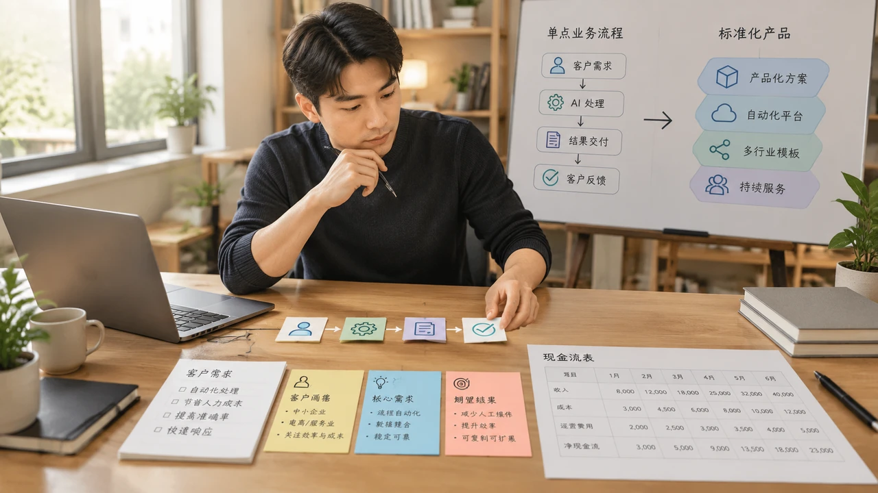 一人公司做AI自动化服务,先卖什么最容易验证:从单点流程到可复制产品 1 一人公司创业者梳理从单点流程到标准化产品的AI自动化服务方案
