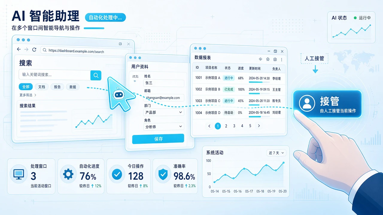 实测AI智能体跨网页办事能力:任务完成率、误操作与人工接管怎么比? 1 AI智能体在多个网页窗口间执行任务并等待人工接管的示意插画