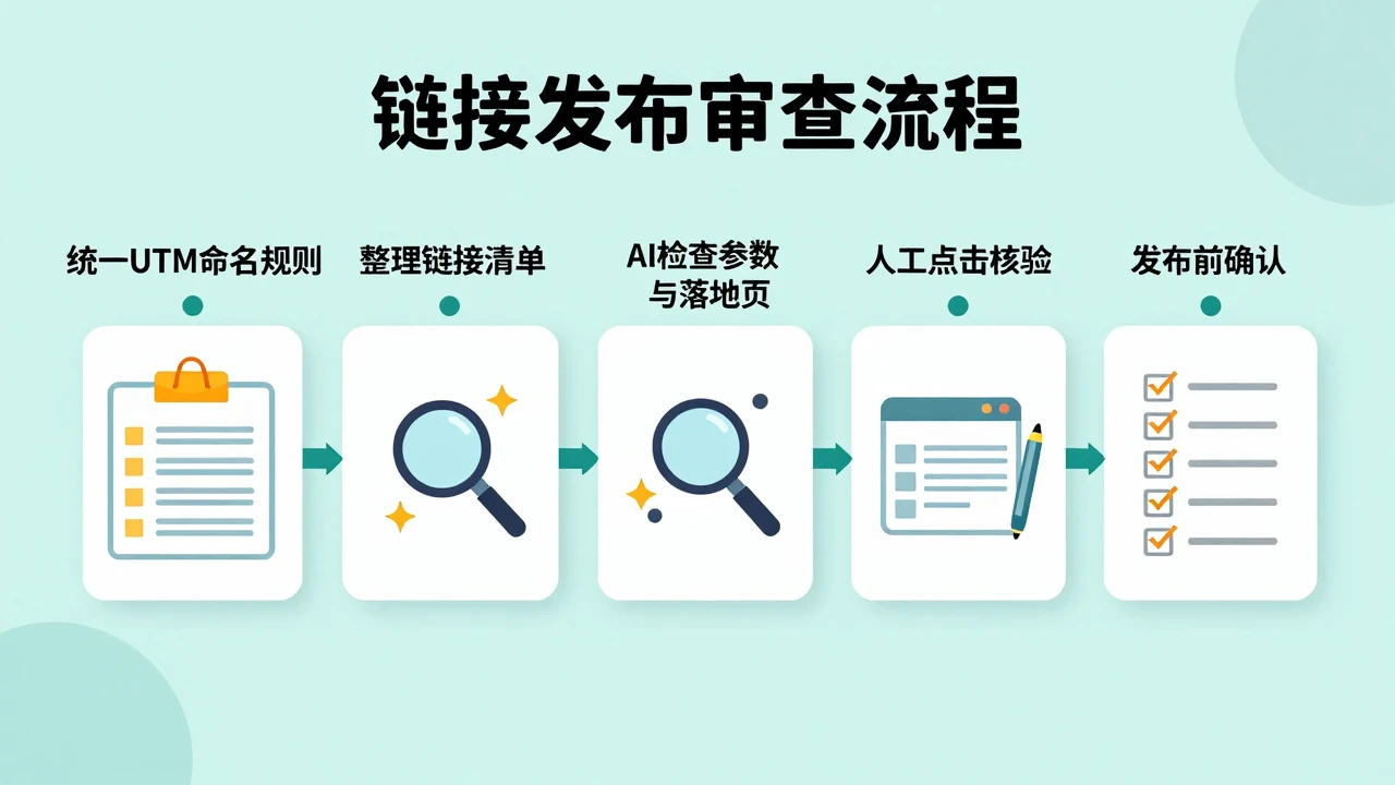 营销链接发布前的UTM审查流程示意图