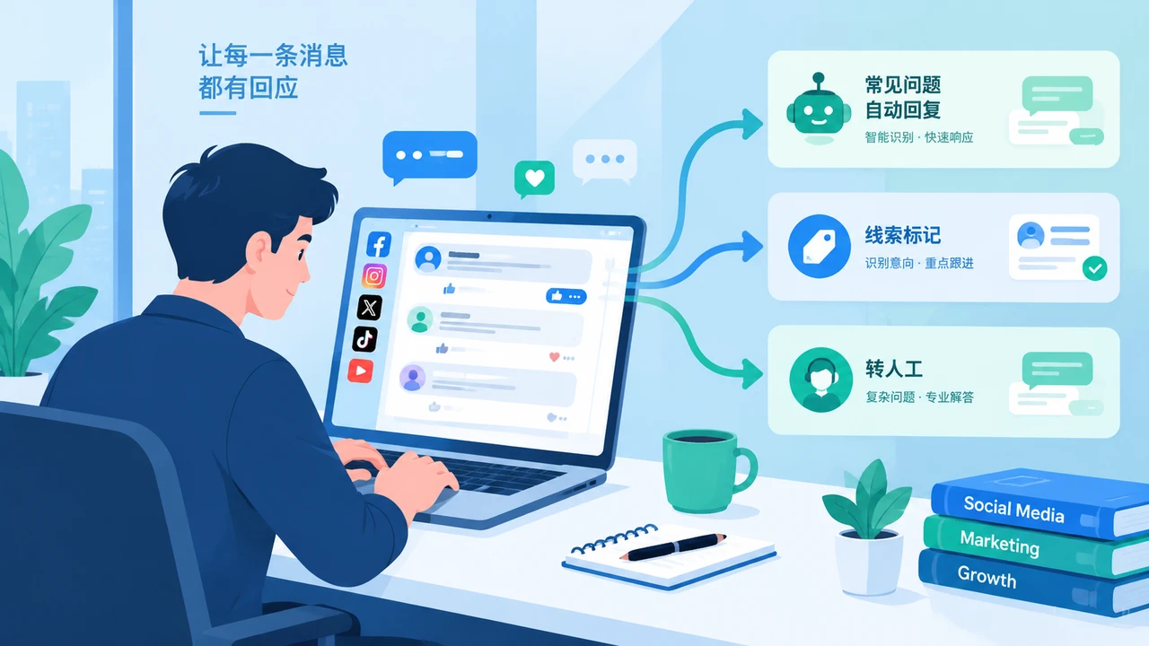 小型营销团队如何用AI处理社媒咨询并筛选潜在线索:从常见问题回复到转人工流程 1 AI协助社媒运营人员将咨询分流到自动回复、线索识别和转人工三条路径的示意图