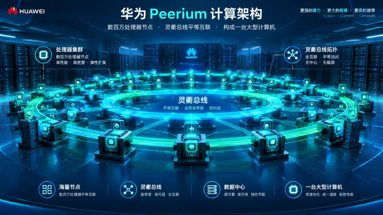 华为Peerium架构与灵衢总线详解:百万处理器如何组成“一台计算机”,企业该如何评估? 1 华为Peerium架构与灵衢总线示意图