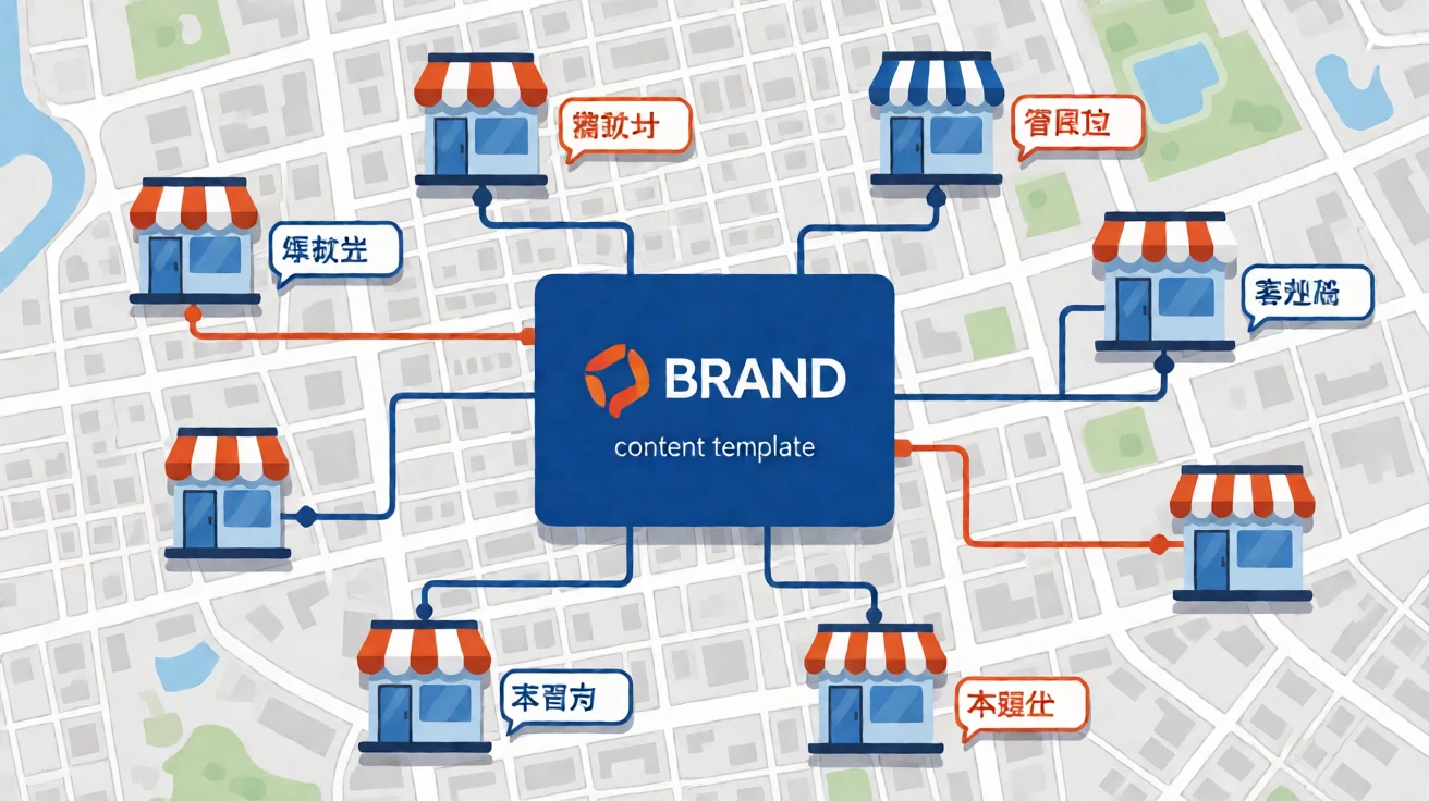 品牌统一模板向多个门店分发本地化内容的示意图