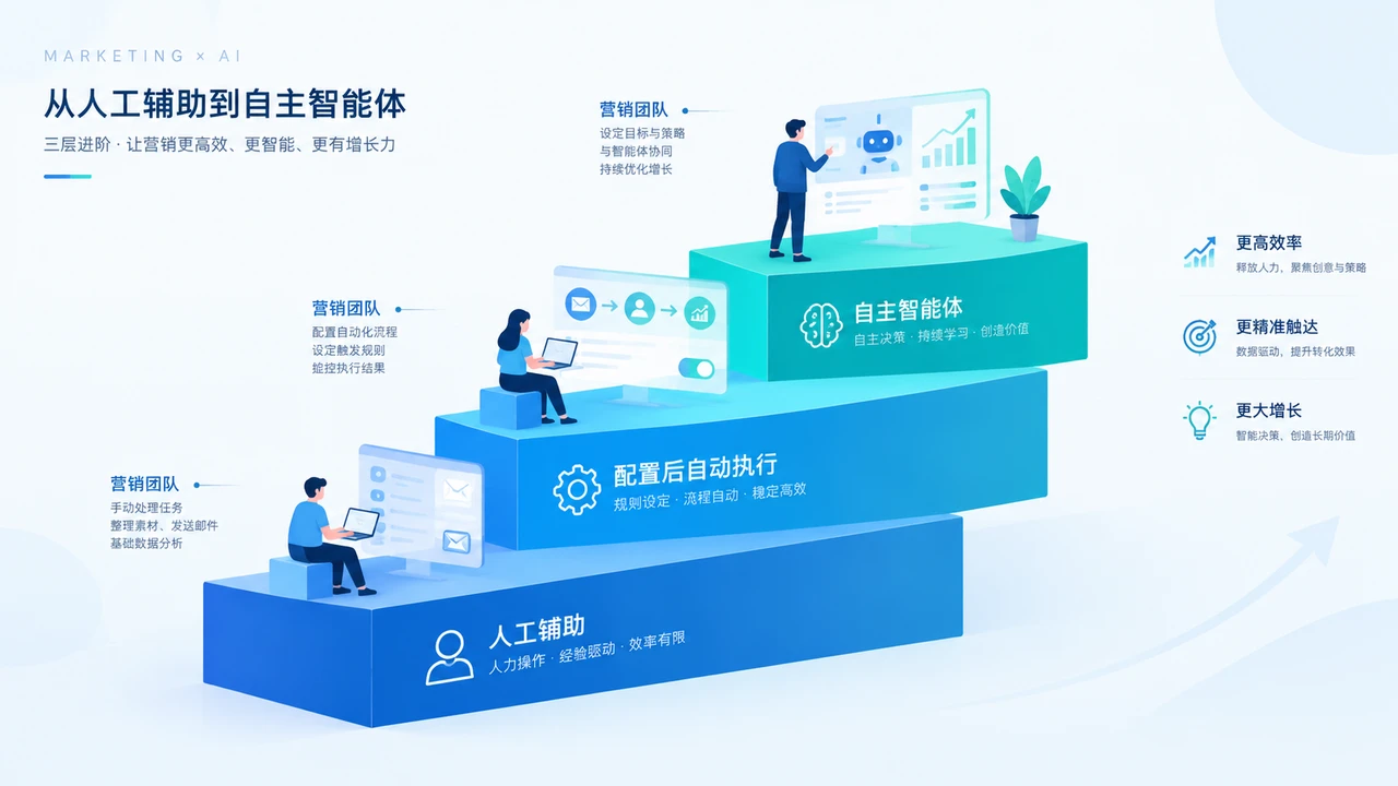 营销AI成熟度三层阶梯分层示意图