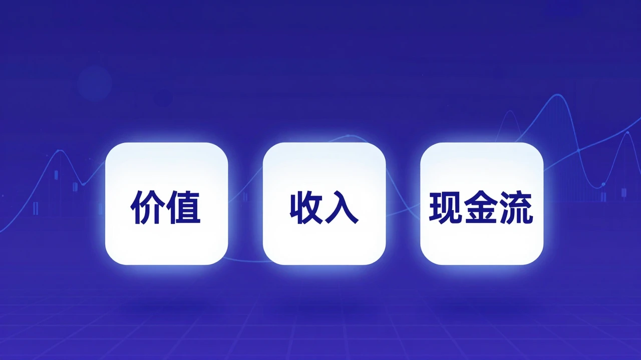 象征估值、收入与现金流三层概念的抽象插画