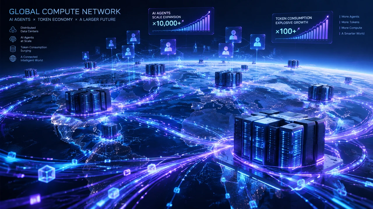 IDC预测2030年全球智能体突破22亿、Token消耗复合增长超4800%:企业如何提前规划算力投入? 1 象征智能体规模化扩张与算力需求增长的抽象数据网络示意图
