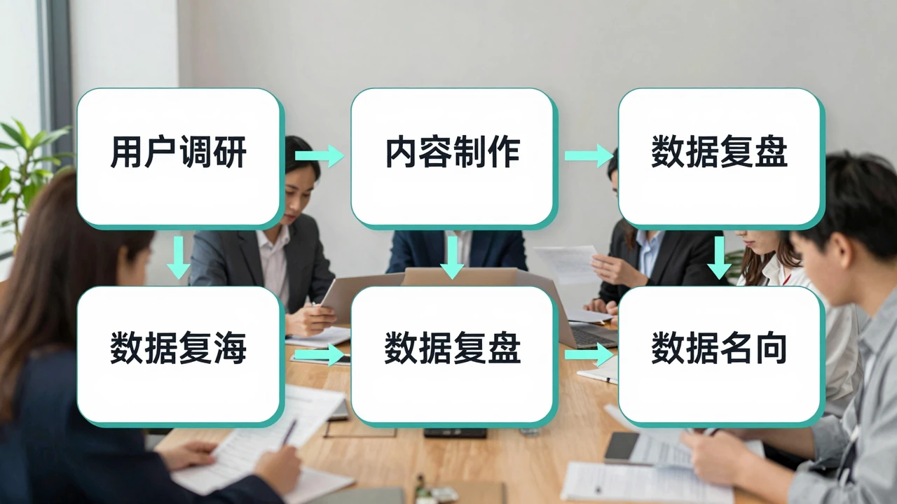 调研、内容制作与数据复盘串联的营销工作流示意